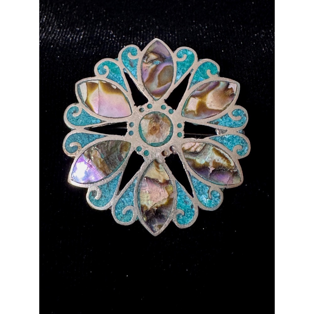 Vintage Taxco Beto Brooch Pendant Unisex OS Abalone Turquoise Inlay Floral READ